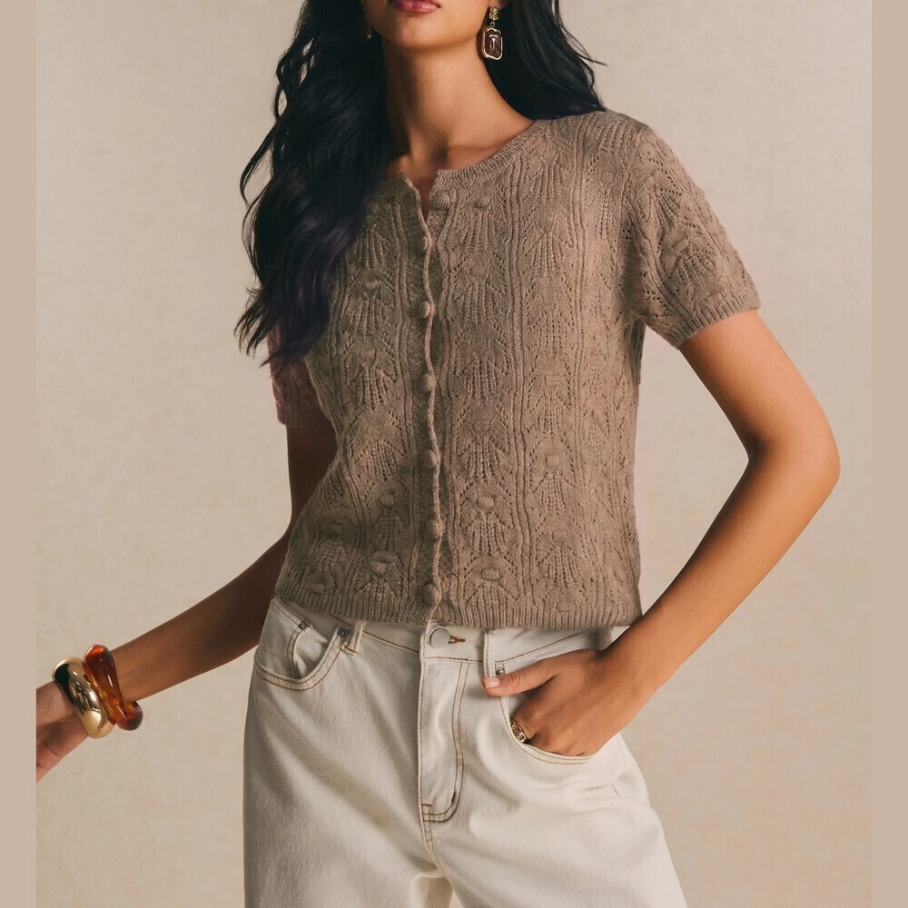 Taupe Pointelle Knit Button Front Short Sleeve Crop Cardigan